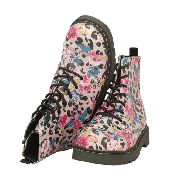 TUK Footwear Womens Floral Leopard Print Combat Boots Size 7 - Picture 3 of 7